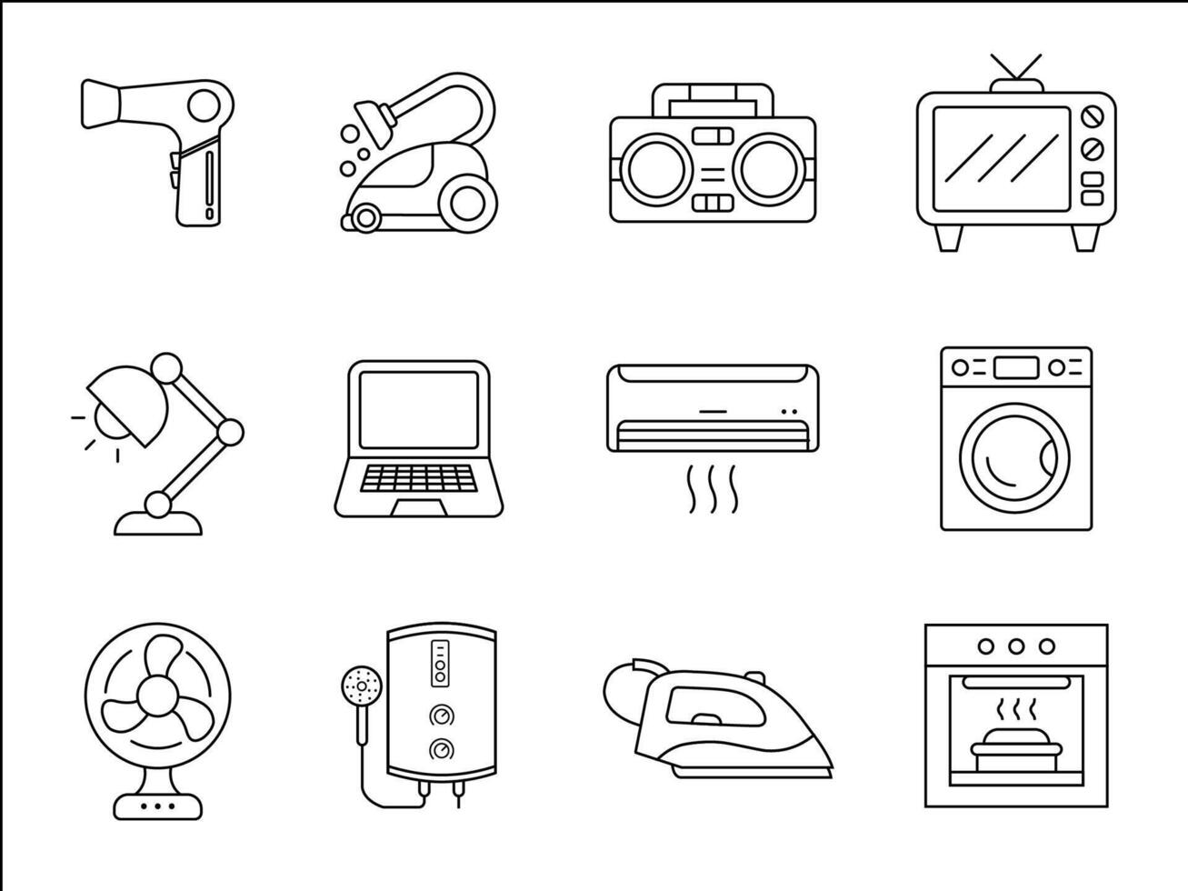A set of line art icons depicting various home appliances, including a washing machine, laptop, oven, air conditioner, and fan in a minimalist style vector