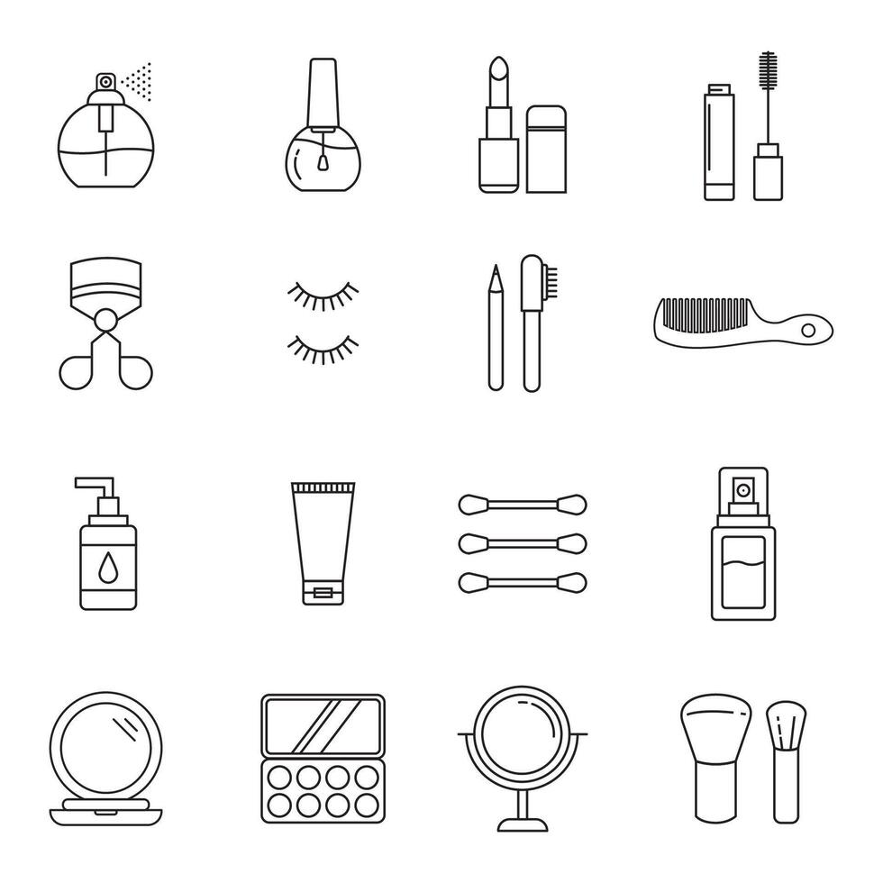 Minimalist line art illustration of beauty and cosmetic icons, including makeup, skincare, and grooming essentials in a simple outline style vector