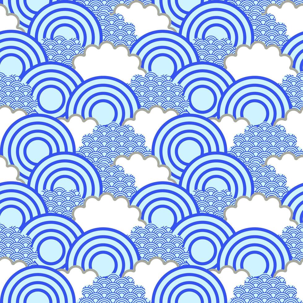 Seamless pattern with traditional Japanese wave motifs, concentric circles, and cloud-like shapes in blue and white tones vector