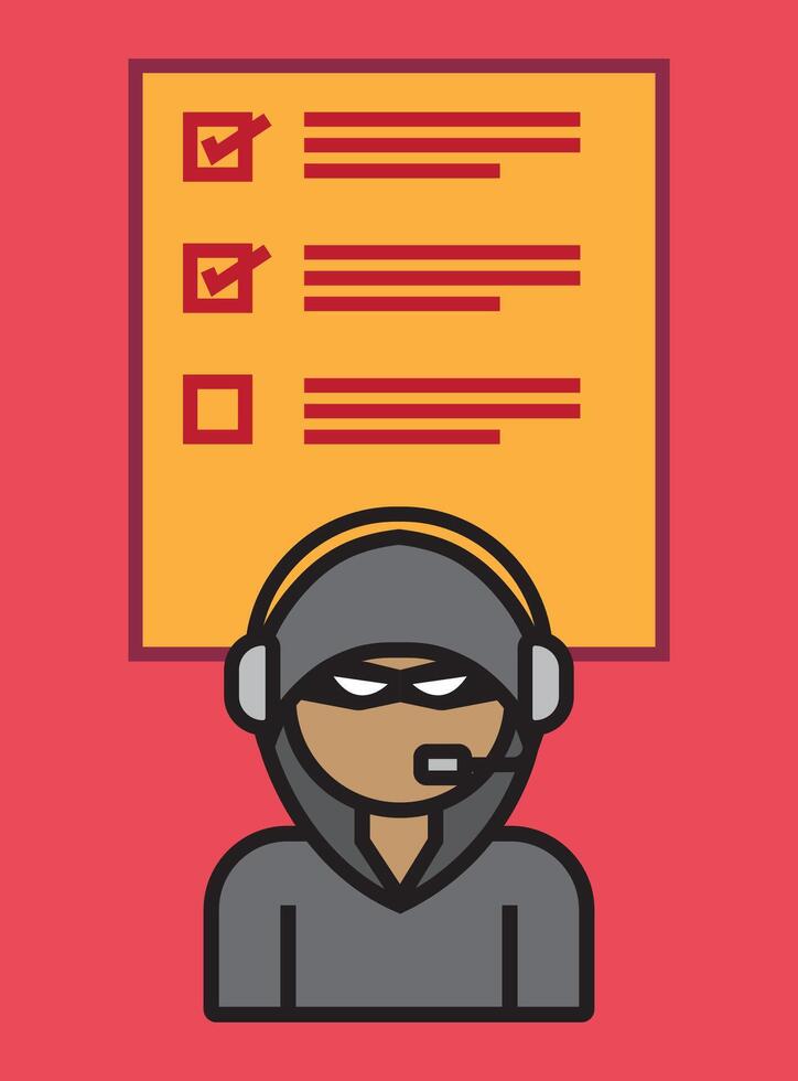 Flat illustration of a masked hacker icon with a checklist. Ideal for cybersecurity, crime, fraud, or data protection themes. vector