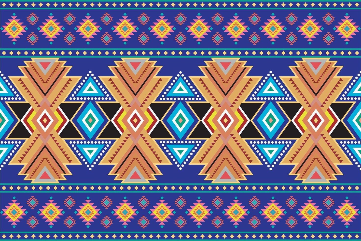 Colorful tribal and ethnic-inspired pattern with geometric shapes, triangles, and diamond motifs in a symmetrical ornamental design. Suitable for backgrounds, textiles, and decorative art. vector