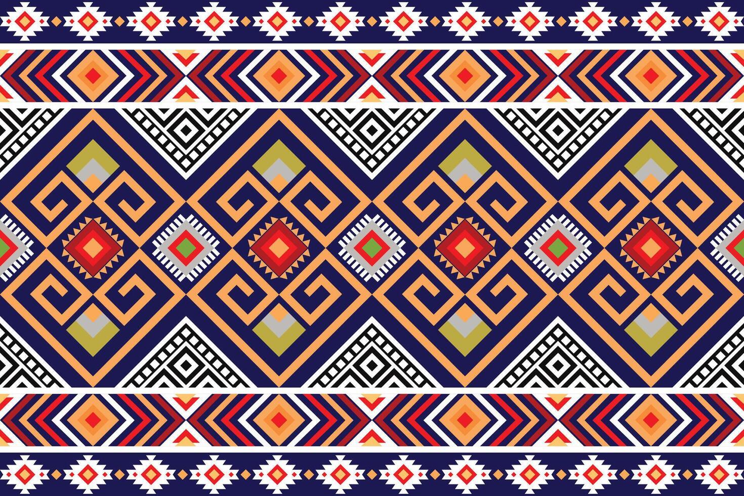 Vibrant geometric pattern inspired by tribal motifs with bold shapes, spirals, and interlocking diamonds. This seamless decorative design is perfect for textiles, backgrounds, and digital art. vector