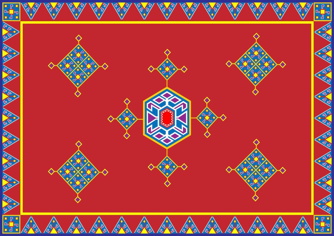 A vibrant, ornate pattern reminiscent of a traditional rug or tapestry, with a rich red background and intricate geometric motifs in blue, yellow, and purple. vector