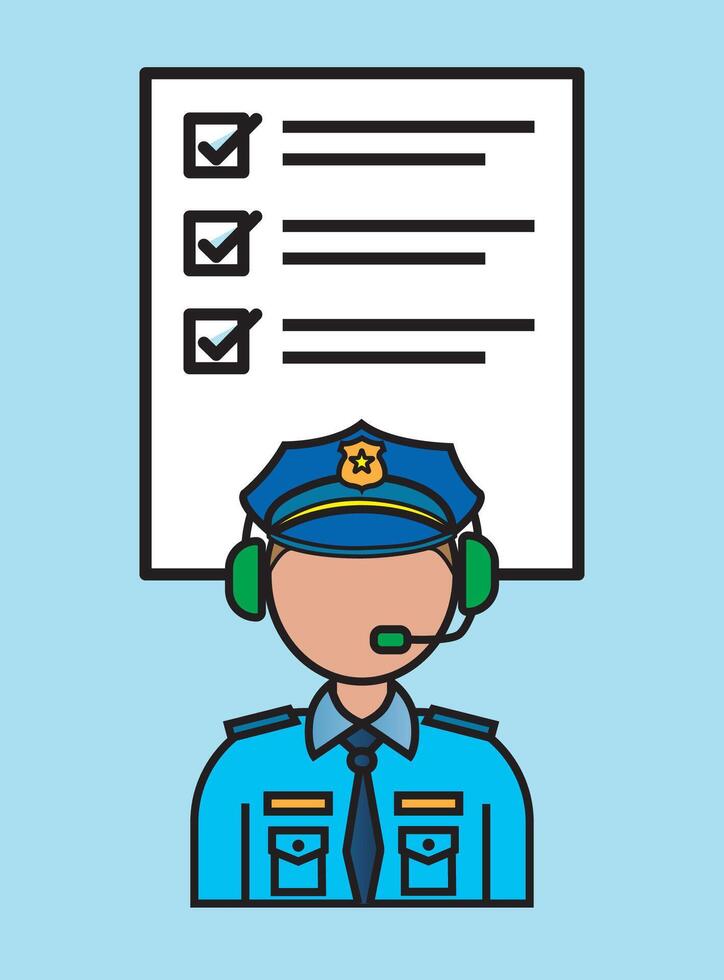 Illustration of a police officer wearing a headset, providing emergency assistance, with a checklist in the background, symbolizing law enforcement support services vector