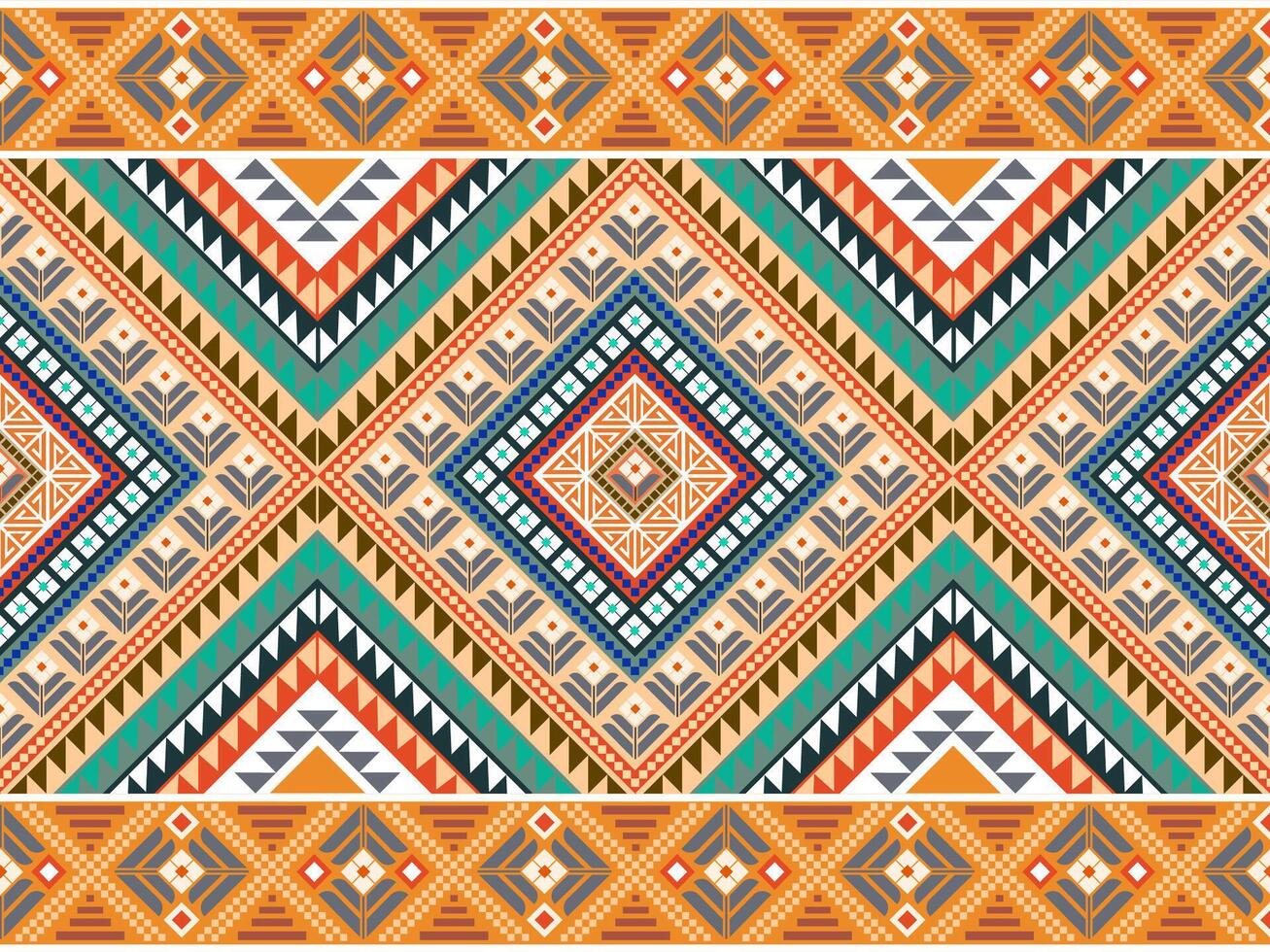 Vibrant tribal seamless pattern with geometric shapes and ethnic motifs, ideal for textiles, backgrounds, and decor vector