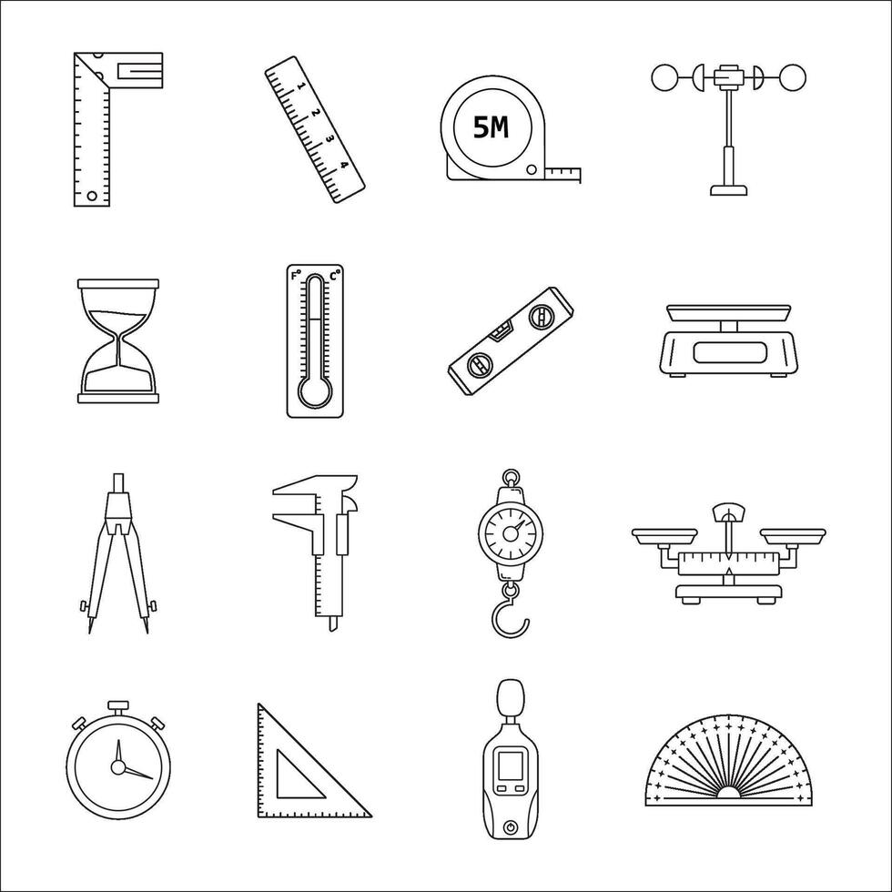 A set of 16 precise measurement tool line icons, including rulers, scales, thermometers, and timers. Perfect for engineering, science, and construction designs vector