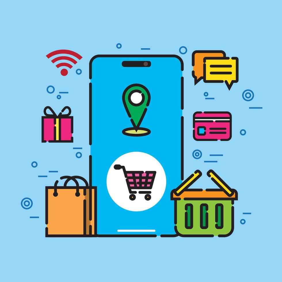 illustration of a smartphone with icons representing shopping, navigation, messaging, payment, gifts, and cart functions, showcasing modern app utilities in a vibrant style. vector