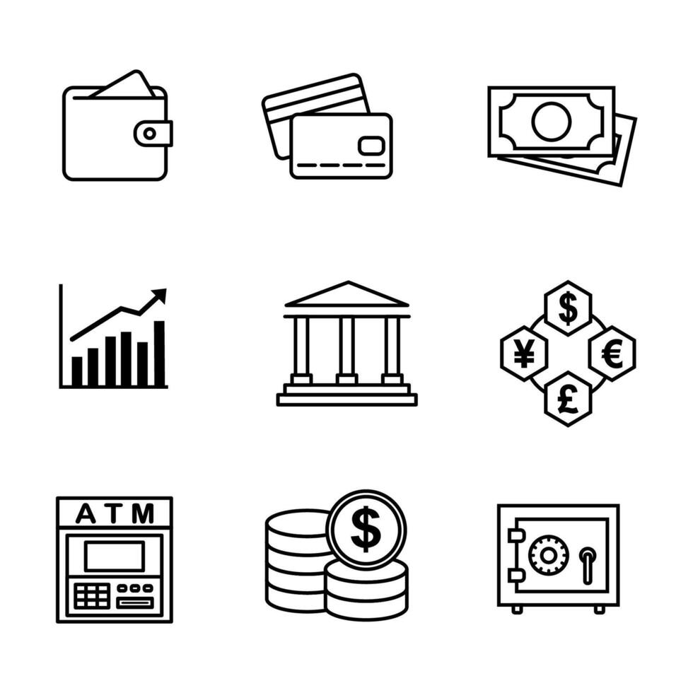 illustration of financial and banking icons, including wallet, credit cards, money, bank, ATM, currency exchange, and investment symbols vector