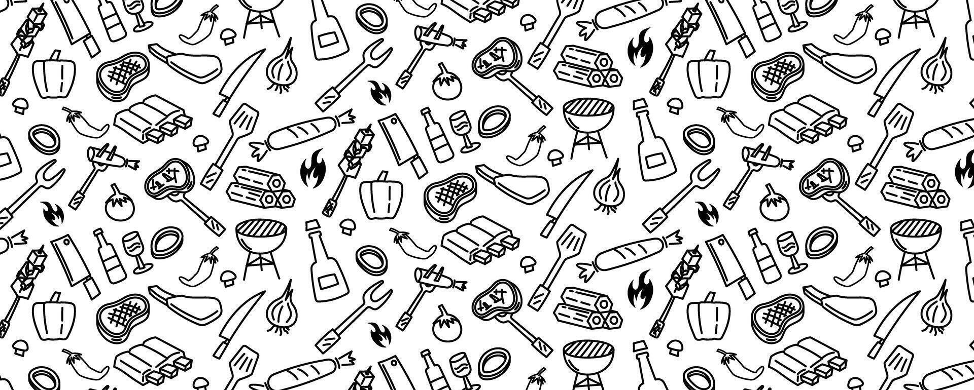 bbq barbeque meat beef pork steak grilled pattern background doodle hand drawing barbecue vector