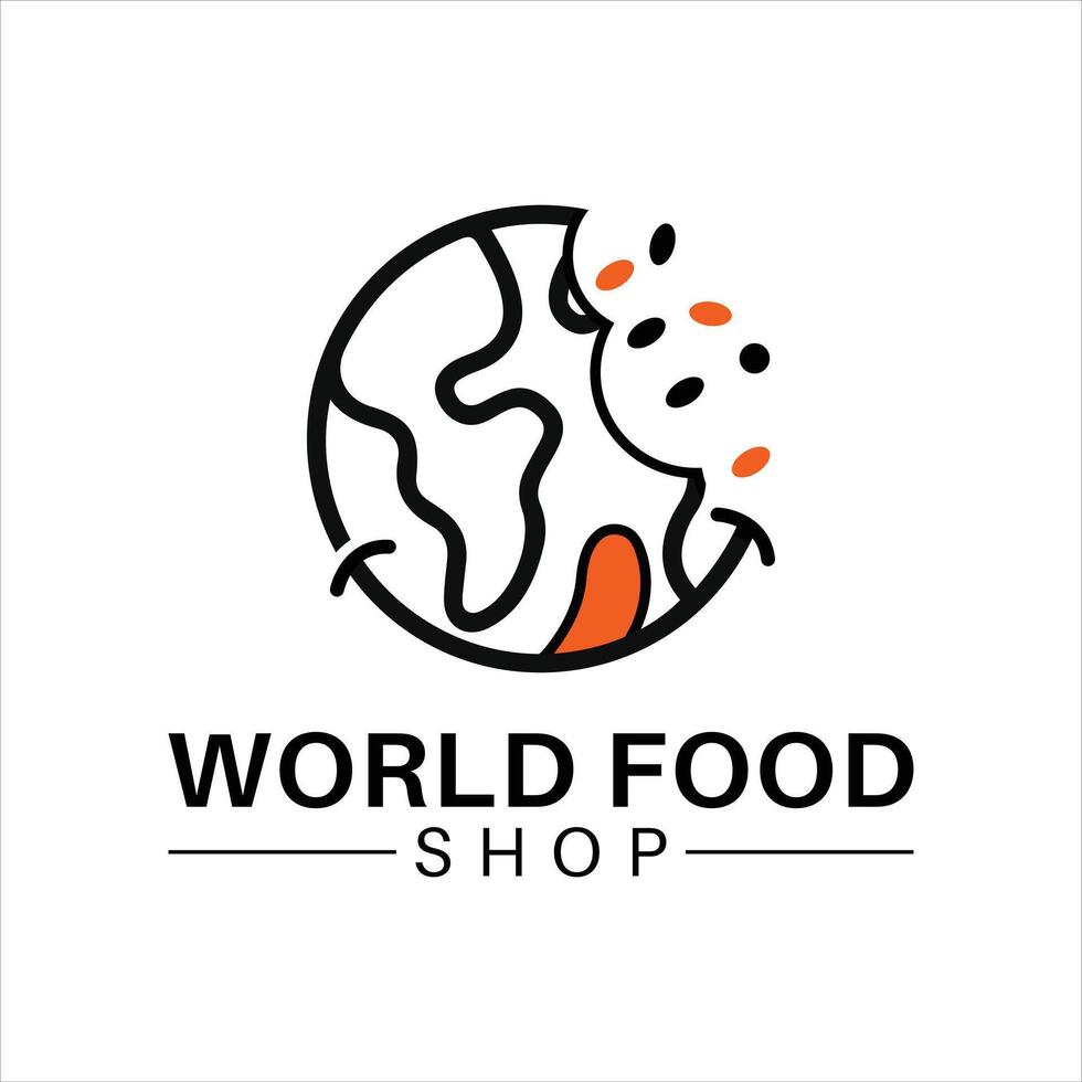 Whimsical World Food Shop Logo with Bite Taken and Smiling Face Expressing a Fun and Appetizing Global Culinary Experience Catering to Foodies Everywhere vector