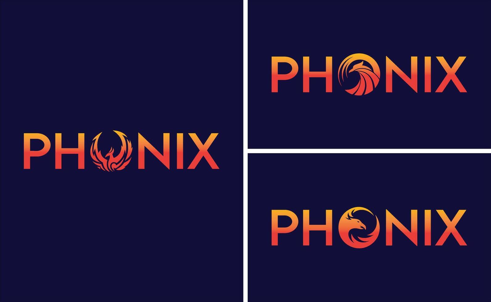 Striking Phoenix Logos A Fiery Symphony of Typography and Mythical Imagery Three Unique Designs Displaying the Words Phoenix with Stylized Phoenix Bird Symbols Within the Letter O vector