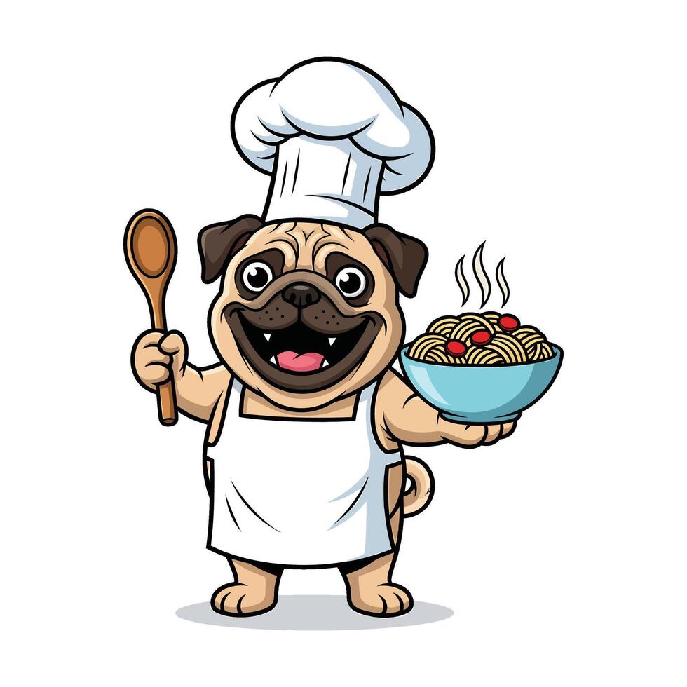 Funny Cartoon Pug Chef with Spaghetti Bowl Clipart vector