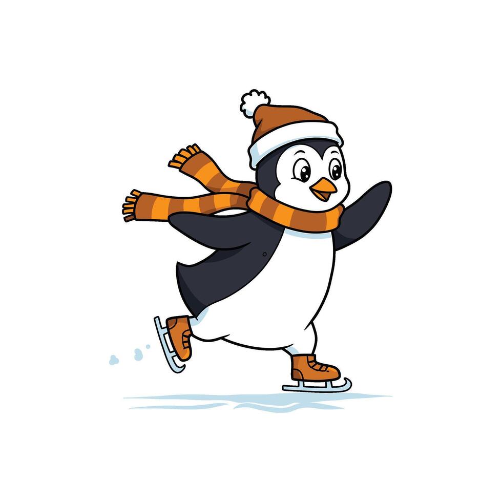Happy Penguin Clipart Ice Skating in Winter Hat and Scarf vector