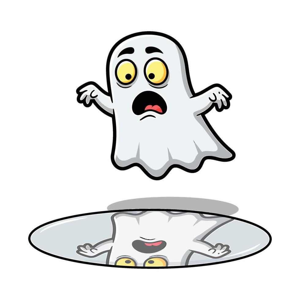Funny Cartoon Ghost Scared of Its Reflection Clipart vector