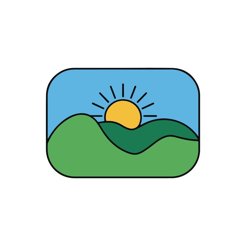 Colorful Landscape Icon with Sun, Hills, and Blue Sky for Nature or Gallery UI vector