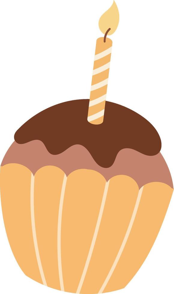 Birthday cupcake, brown frosting, and lit candle, perfect for birthday cards, party invitations, website banners, and social media posts vector