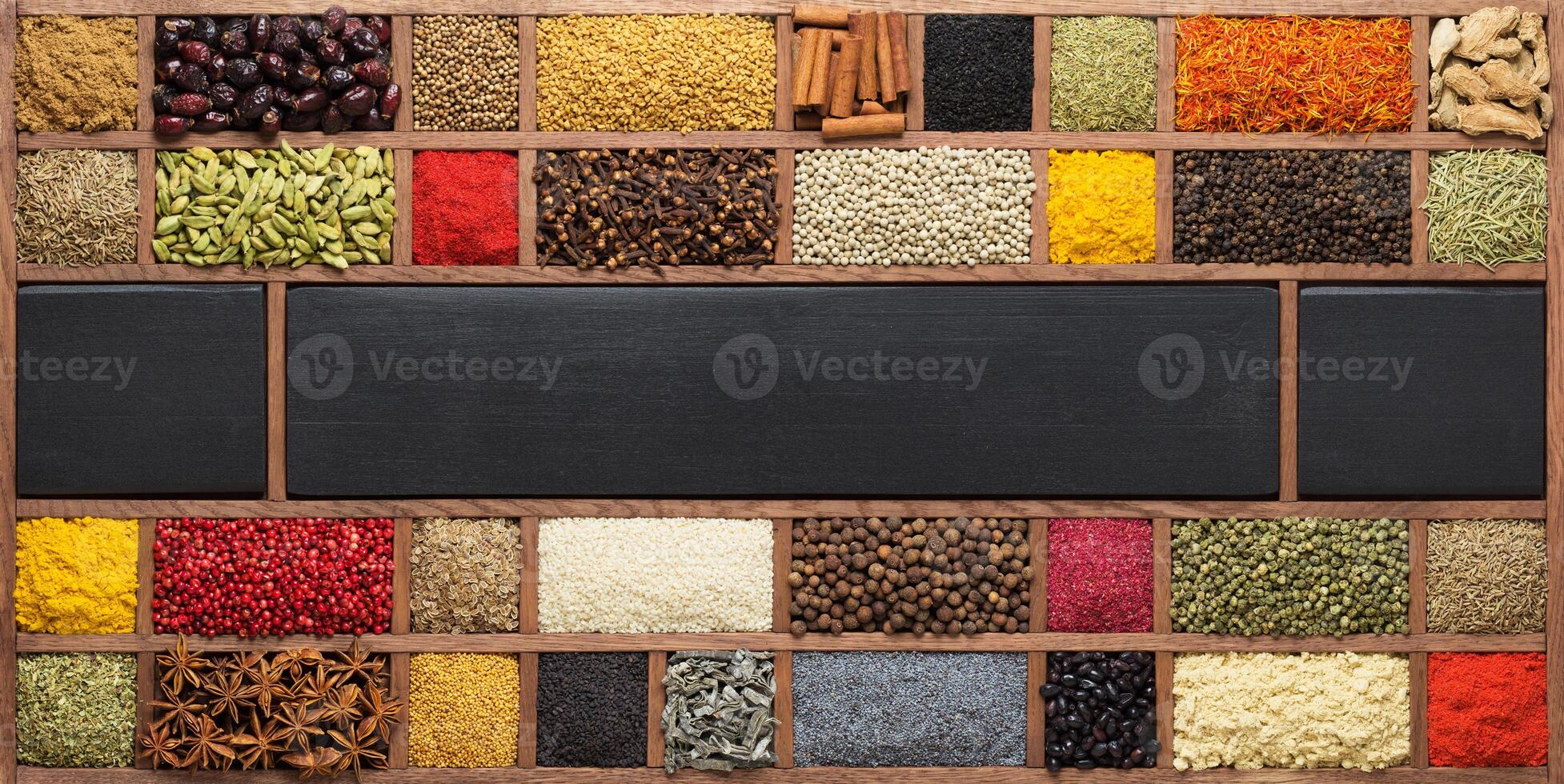 Wooden box with Indian spices and herbs. Seasonings as a background for packaging with food. photo