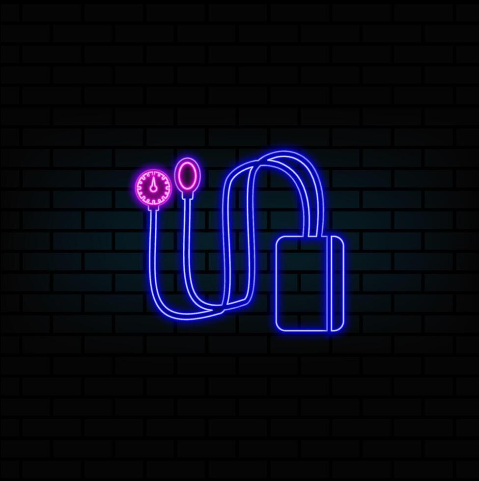 Semi-automatic sphygmomanometer with stethoscope for measuring blood pressure. neon style. vector