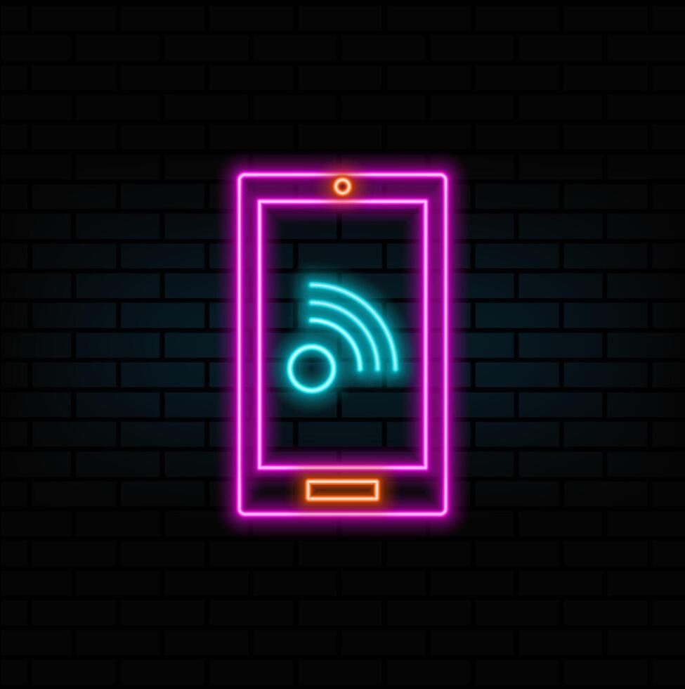 Minimalist smart phone concept icon logo, neon style. Wireless connection, neon style, icon symbol image, Wi-fi network illustration vector