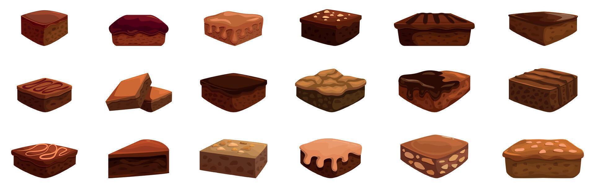 Brownie icons set. Delicious brownies showing variety of toppings and textures vector