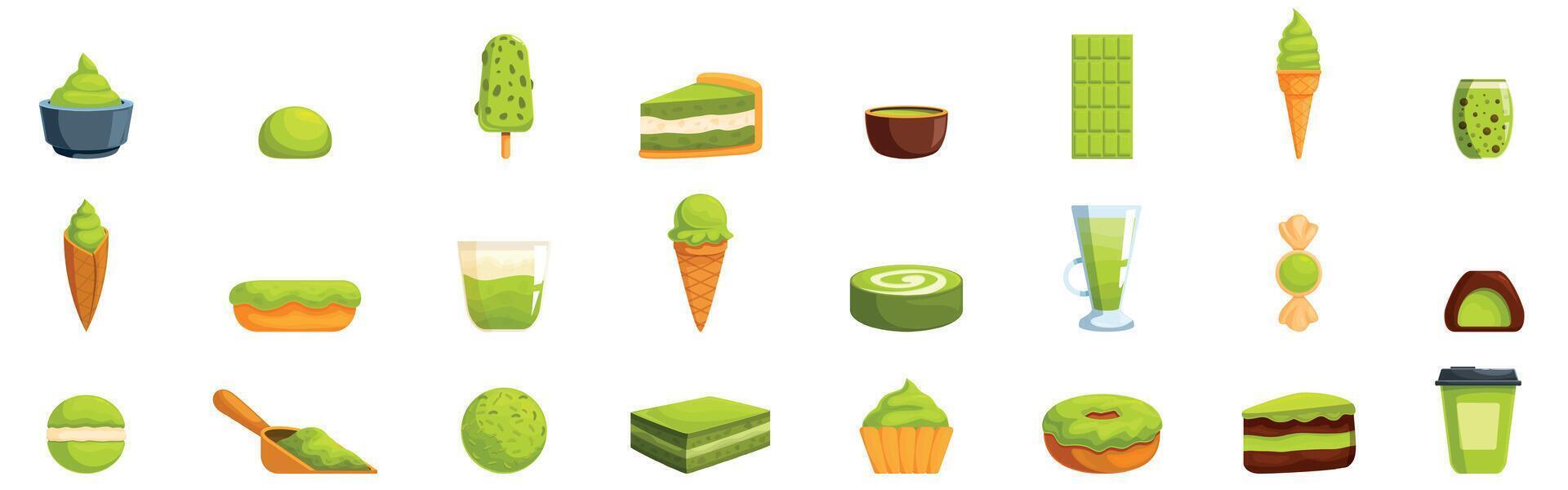 Matcha flavored dessert icons set. Matcha desserts showing variety of japanese green tea products vector