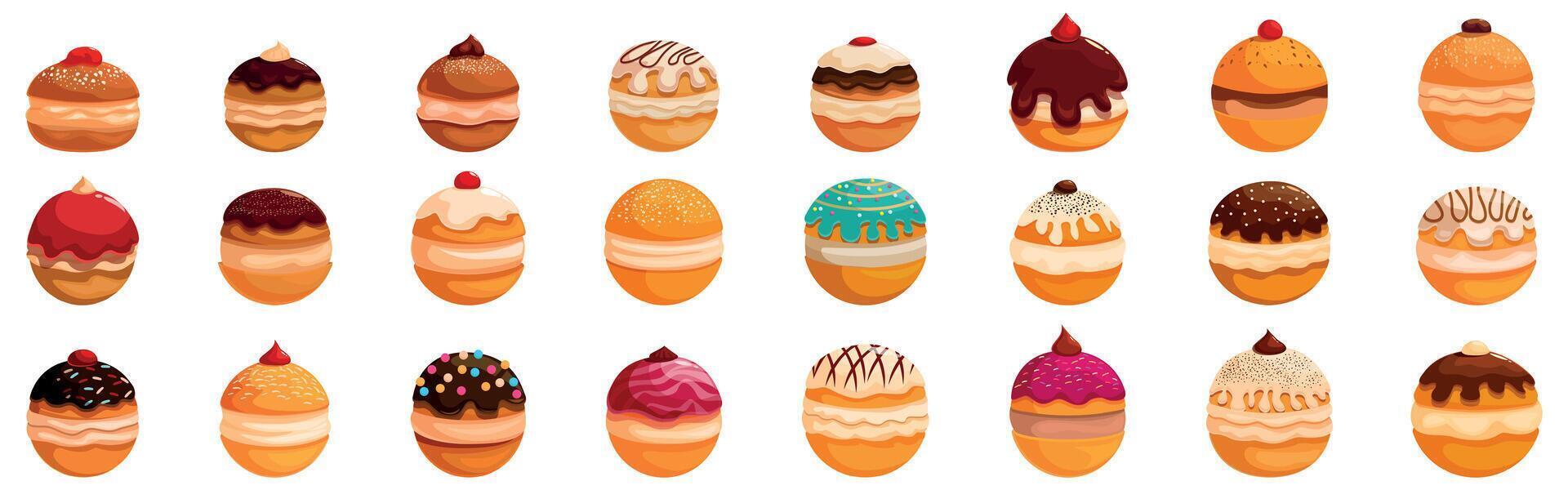 Colorful donuts in various styles and toppings vector