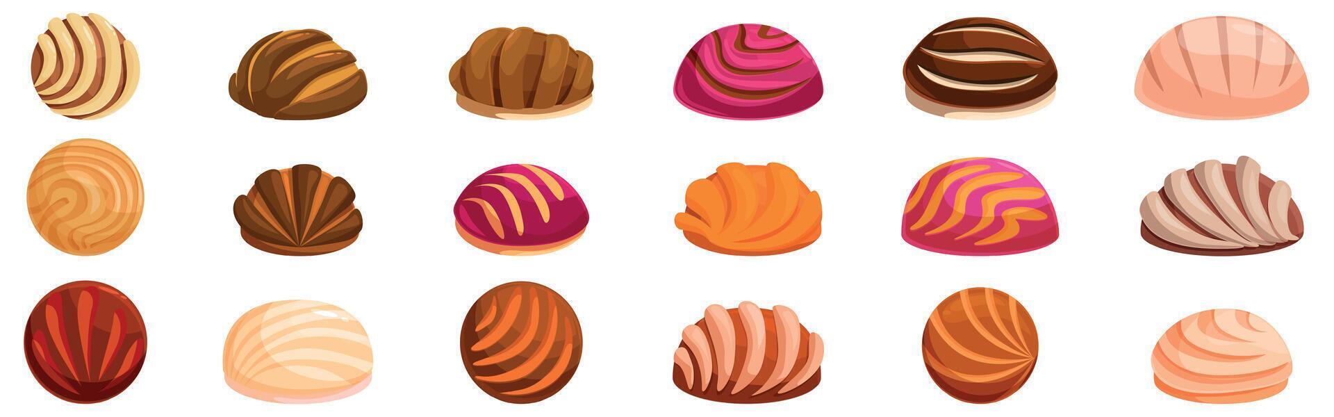 Mexican conchas icons set. Concha bread icons showing variety of mexican sweet bread rolls vector