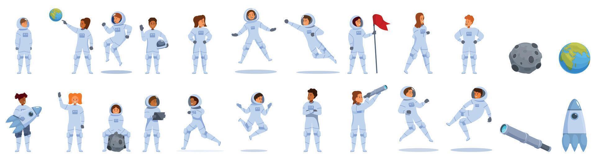 Diverse astronauts in various poses vector