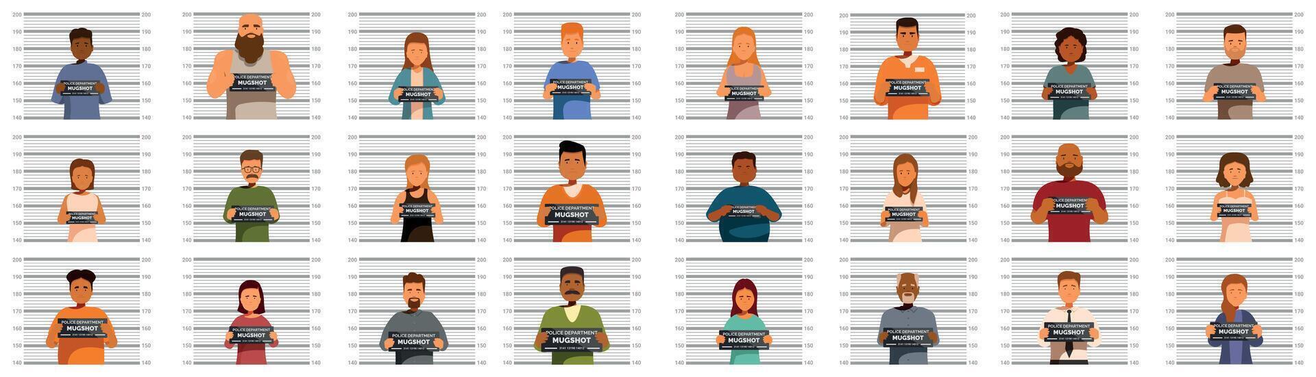 Criminal line up icons set. Diverse group of people posing for mugshots in front of lineup background vector