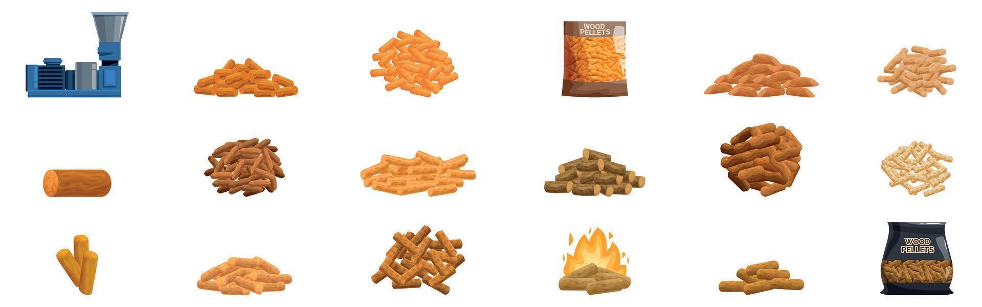 Wood pellets icons set. Wood pellets production process showing different stages from raw material to final product vector