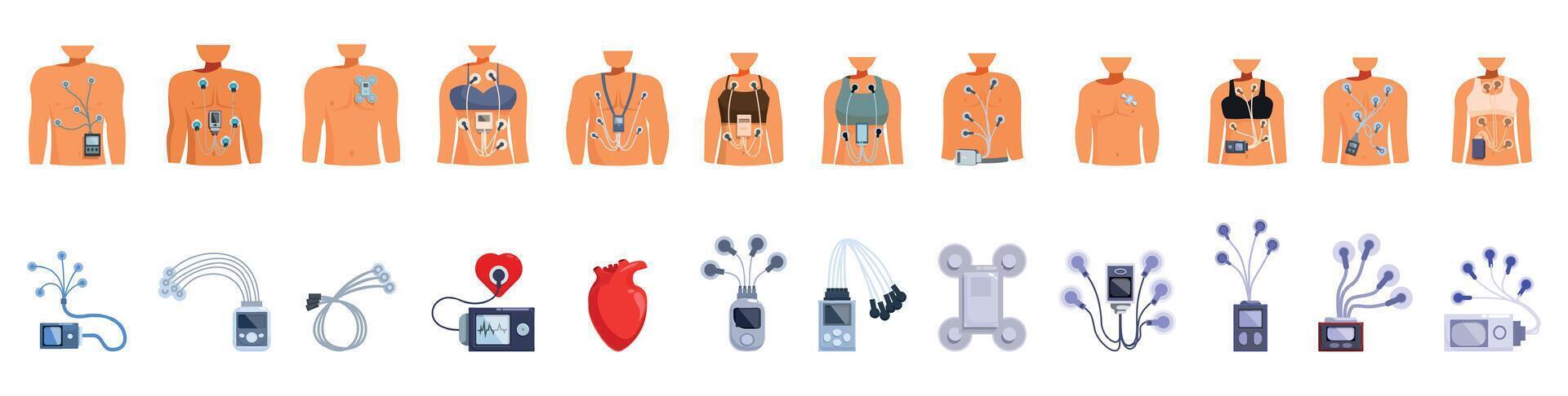 Holter monitor icons set. Patients wearing holter monitor and different types of cardiac event recorder devices vector
