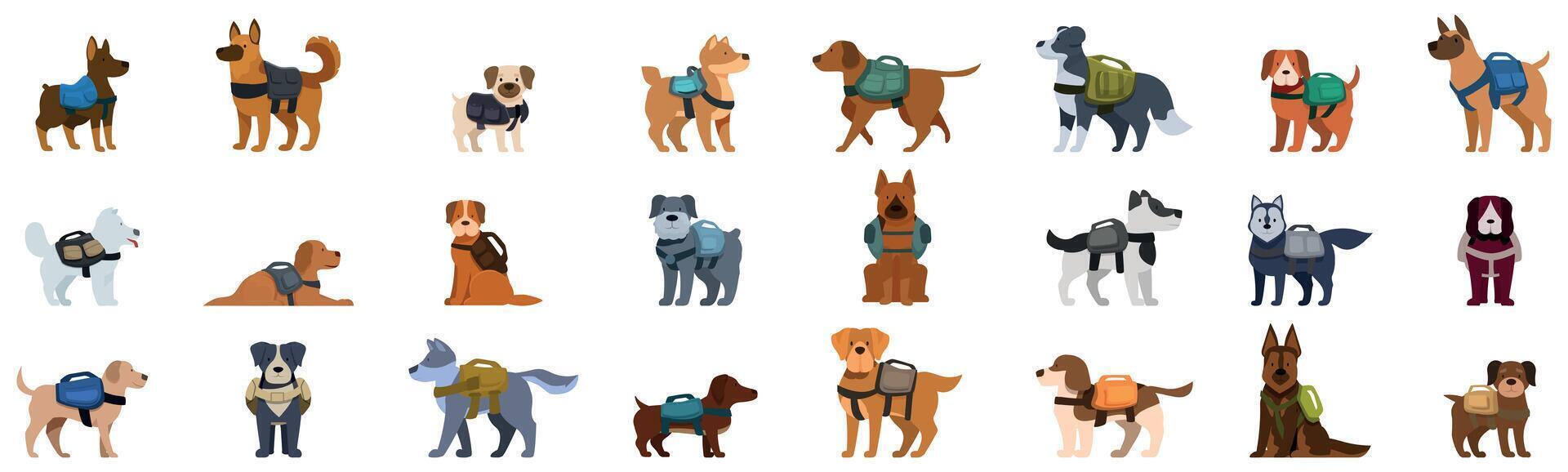 Police canine unit icons set. Pack of dogs wearing backpacks ready for an adventure vector