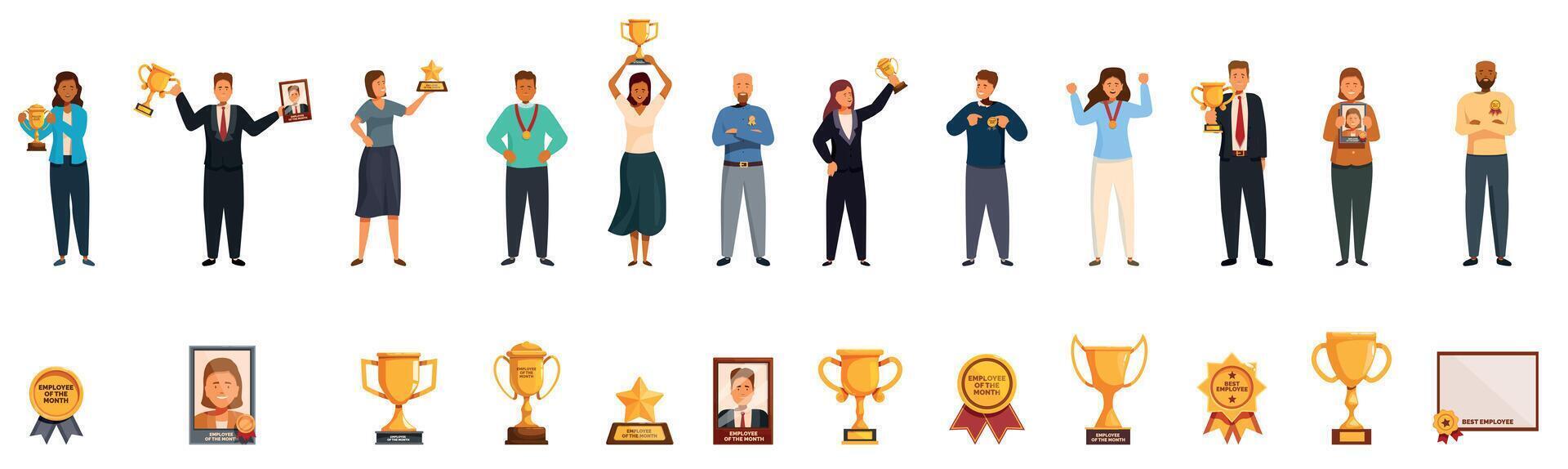 Employee month award icons set. Successful businesspeople holding golden award cups and certificates for best employees vector