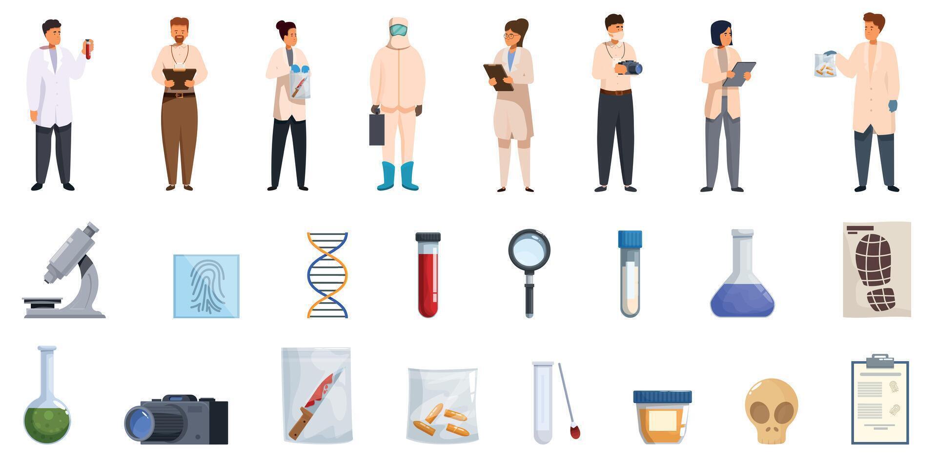 Forensic analysis icons set. Forensic science team investigating crime scene with specialized equipment vector