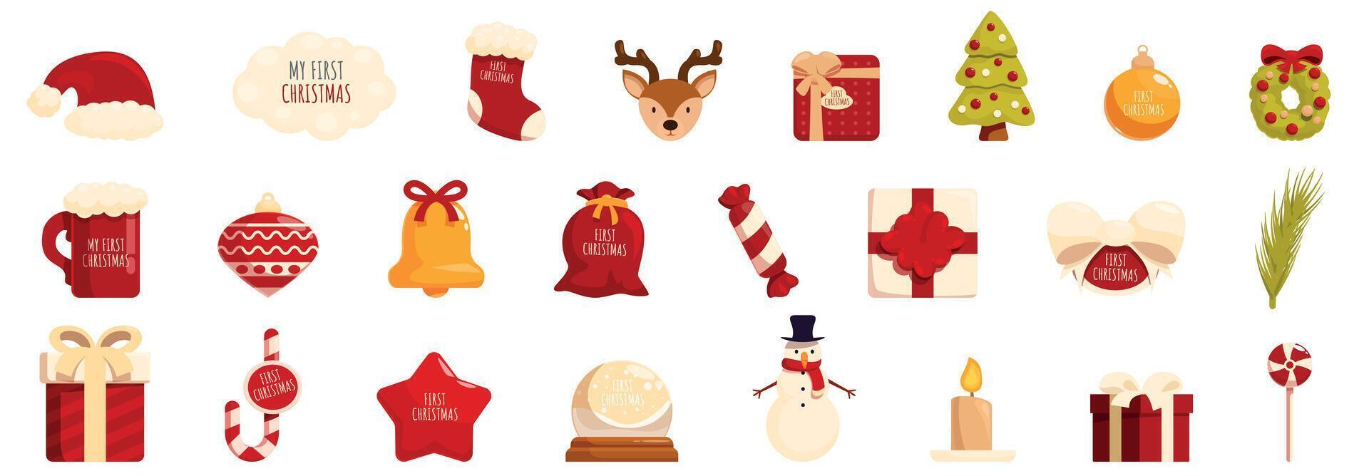 First Christmas icons set. Baby s first christmas icons collection featuring festive elements vector