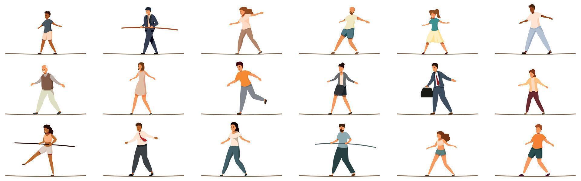 Walk rope balance icons set. People balancing on tightrope, maintaining equilibrium and overcoming challenges vector