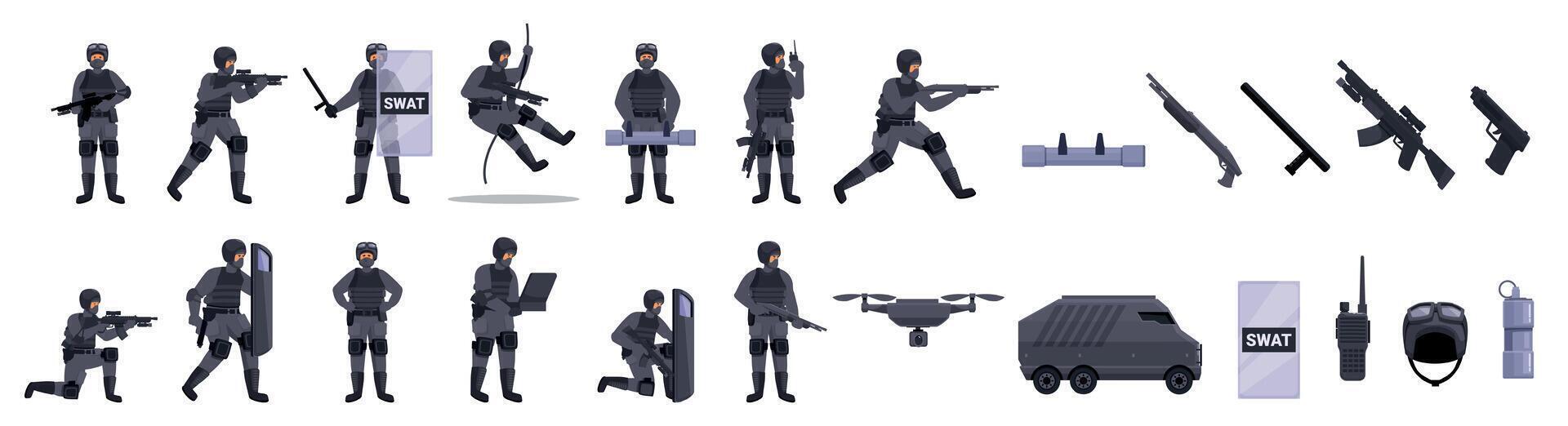 SWAT team icons set. Swat team police officers using tactical equipment during operation vector