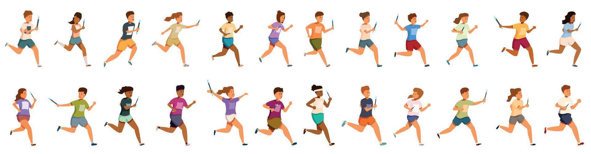 Kids relay races icons set. Athletes running with relay baton in a competition, teamwork and collaboration in relay race vector