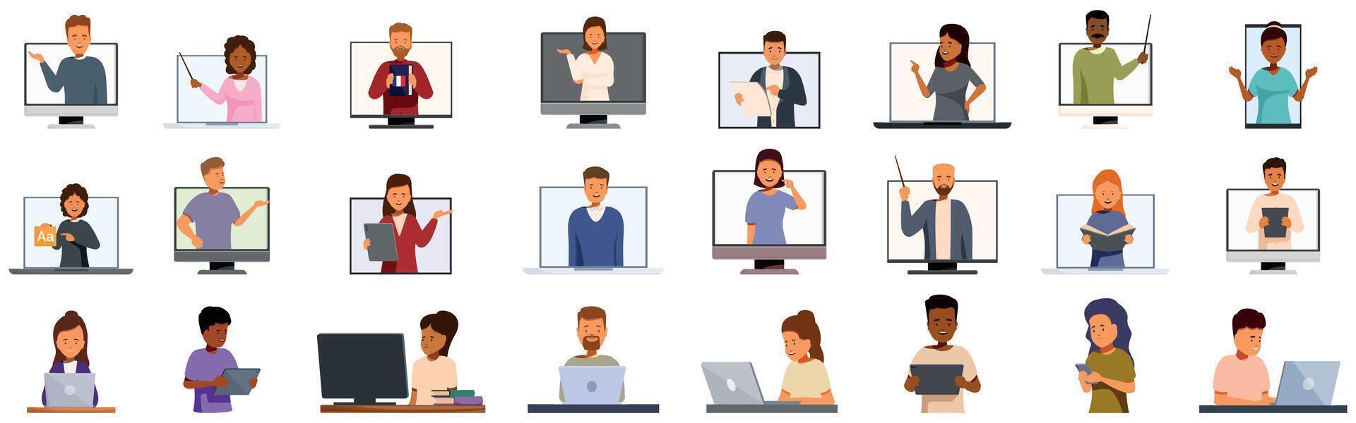 Online language tutor icons set. Teachers and students attending online class using computer and mobile devices vector