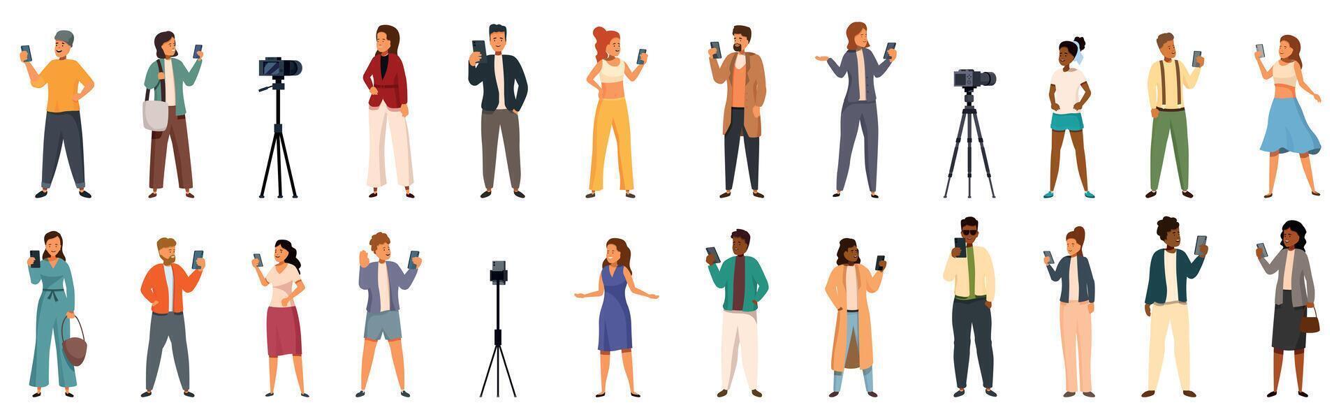 Fashion influencer icons set. Bloggers and reporters recording videos and taking photos with mobile phones and cameras vector