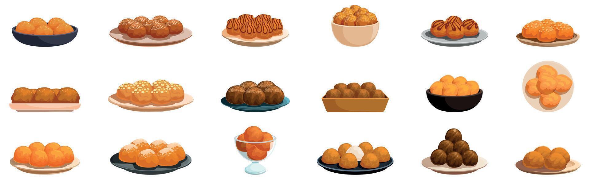 Greek loukoumades icons set. Loukoumades icons set showing greek honey balls on plates and bowls vector