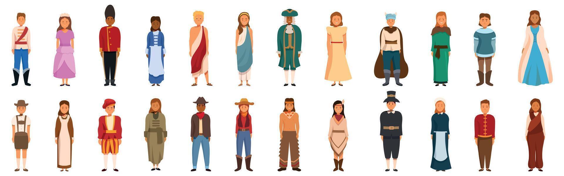 Children dressed historical costumes icons set. People wearing traditional clothes representing different cultures and eras standing together vector