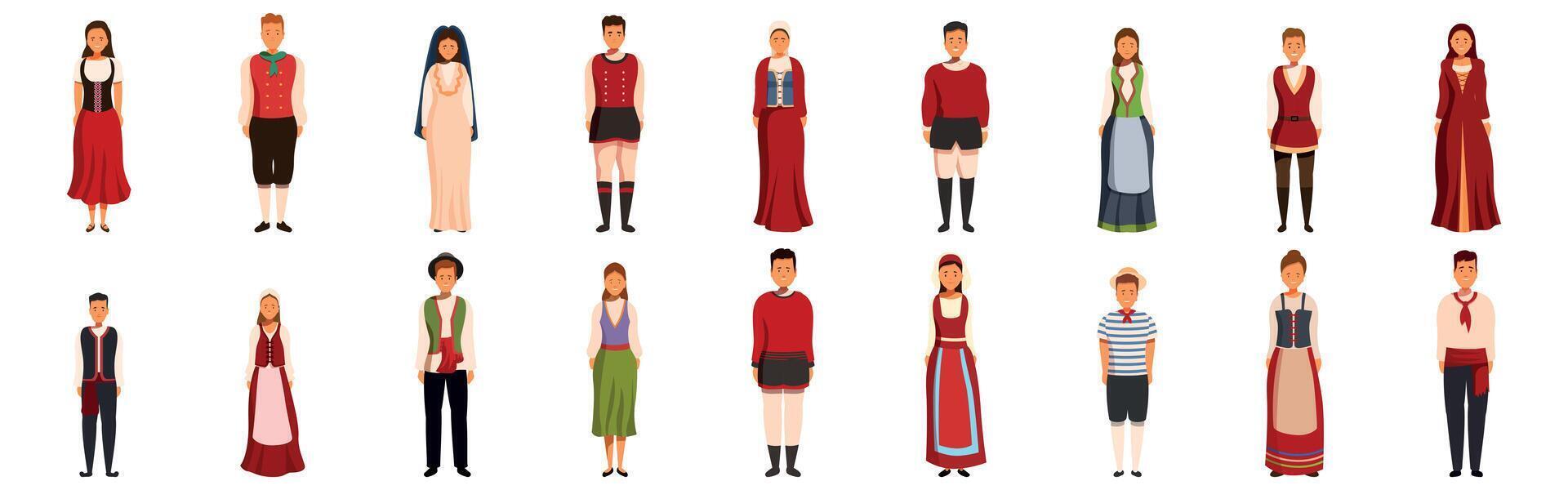 Italian traditional clothing icons set. People wearing traditional italian clothes representing different regions and eras vector