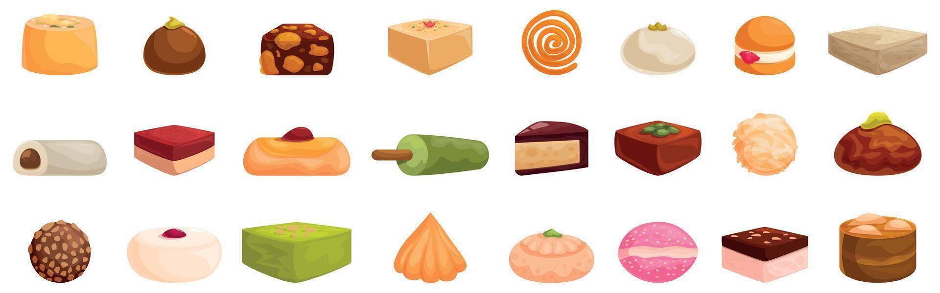 Indian sweets icons set. Delicious and diverse indian sweets showcasing culinary heritage vector