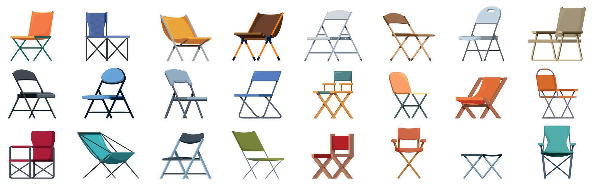Portable chair icons set. Folding camping chairs collection offering comfort and portability for outdoor adventures vector