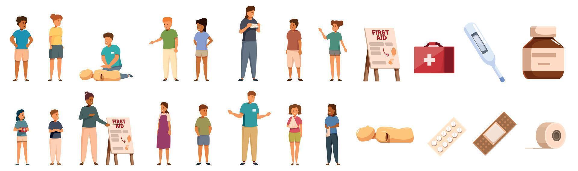 Children learning first aid icons set. Kids learning first aid procedures with instructor and medical equipment vector