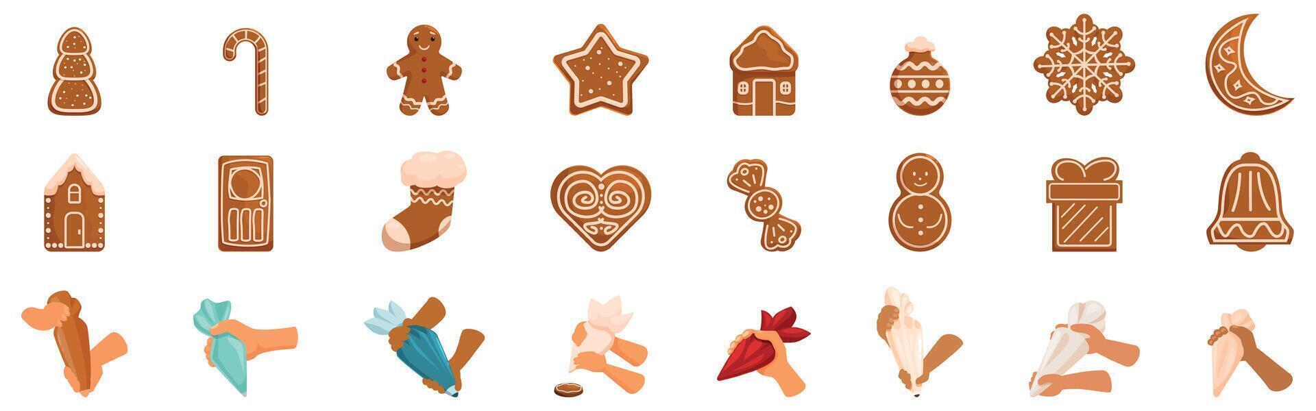 Decorating gingerbread house icons set. Pastry chef decorating christmas gingerbread cookies with various icing bags vector