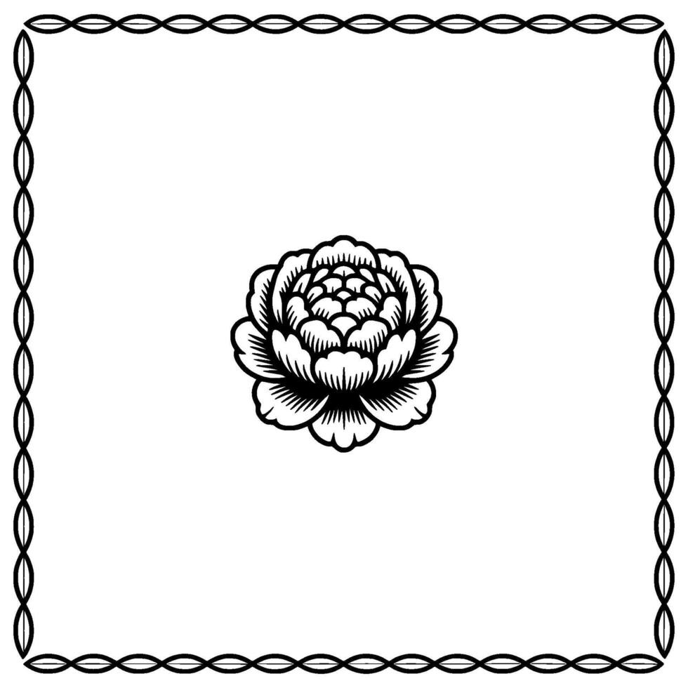 Elegant Floral Black White Peony, Decorative Border on White vector