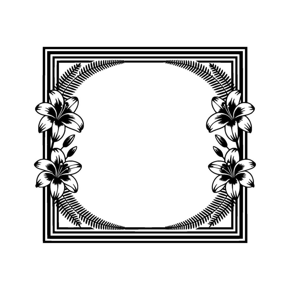 Elegant Floral Frame Black Lilies Ferns on White Background vector
