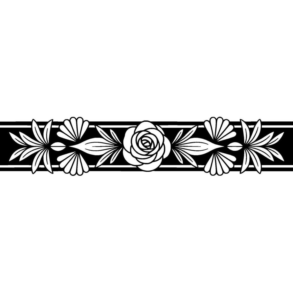 Elegant Floral Border Rose Leafy Elements, Black White vector
